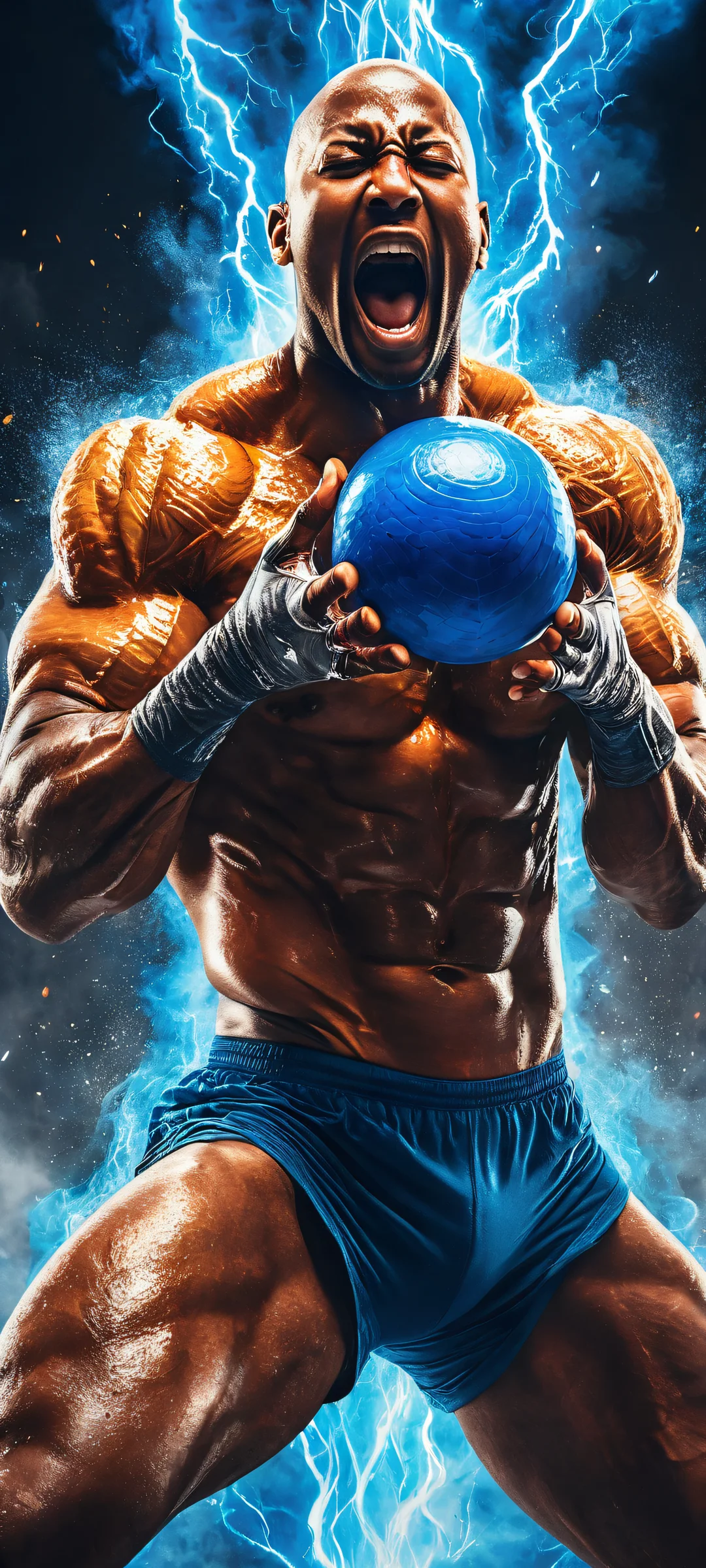 A dramatic scene of a man unleashing a powerful energy blast in front of his hand, perfeitamente otimizado para telas iniciais de iPhone e Android.