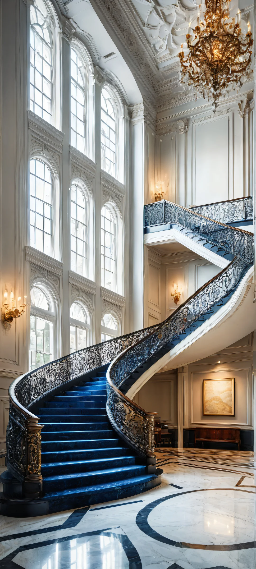 A grand staircase on a iPhone/Android device, featuring intricate details and a dramatic descent into an office space below.