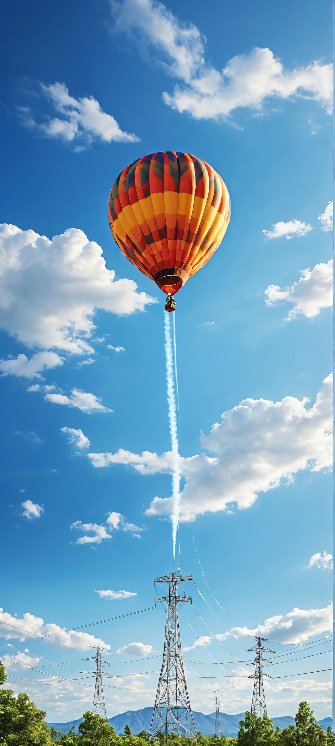 A breathtaking vertical portrait artwork of a balloon placed in the lower-middle with intricate micro-details of aircraft trails and contrails. Perfectly clean and empty top half with vast pure void, scenery unfolding beneath, perfectly empty utility pole standing tall. For iPhone/Android home screens.