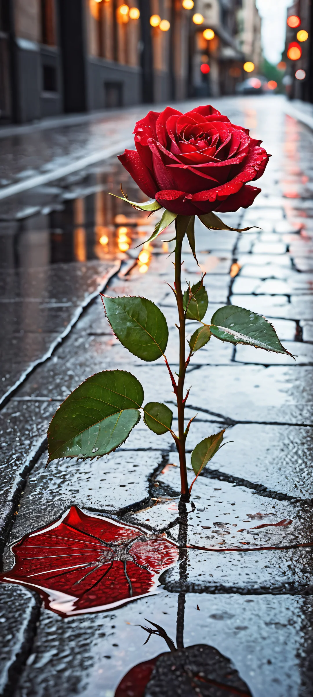 Ethereal Evening 2K QHD Mobile WallpaperiPhone や Android のホーム画面に最適 A crimson red rose on a wet cracked pavement with scattered petals and a crumpled handwritten letter, surrounded by a cinematic city street scene at dusk. Perfect for iPhone and Android home screens.