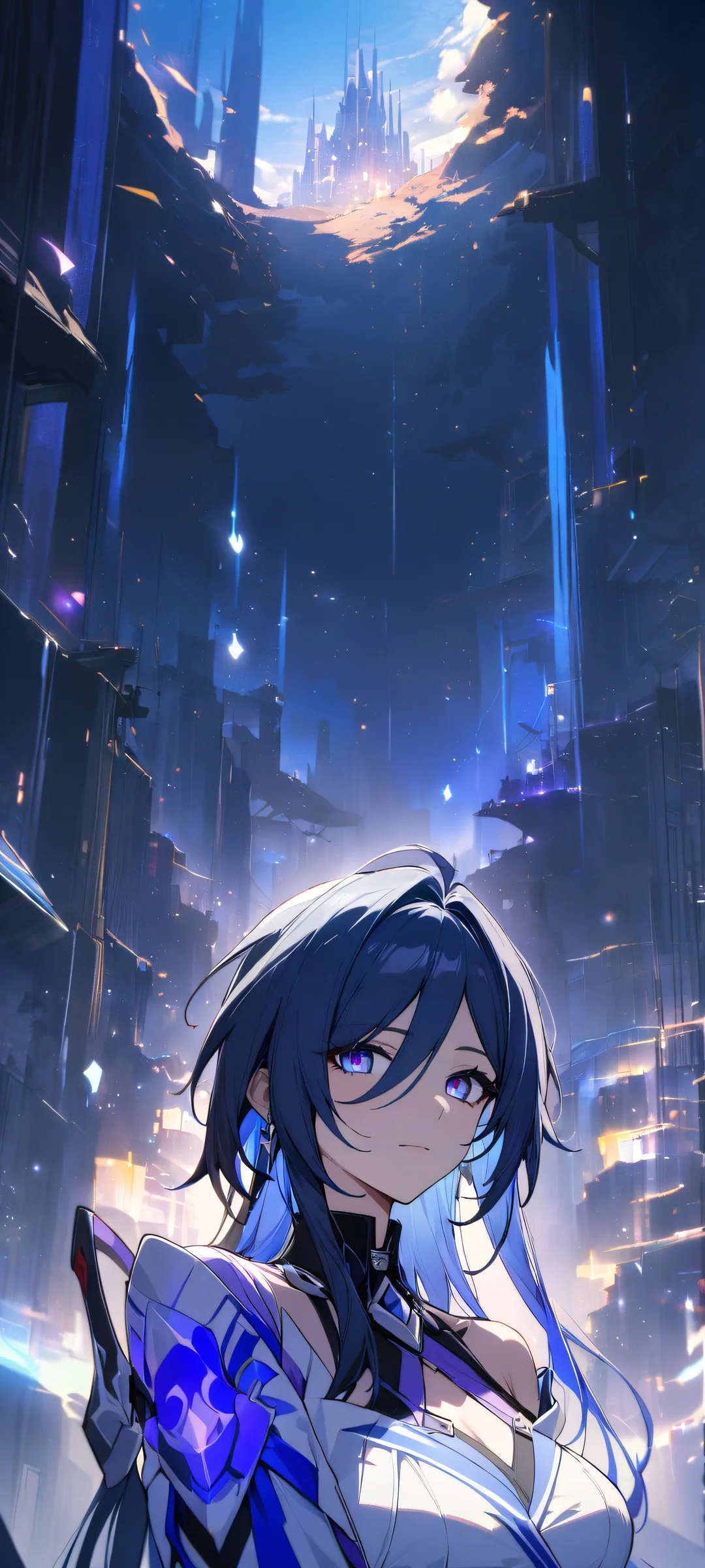 A stunning portrait of a lone girl gazing at the viewer from the vastness of space, on her iPhone/Android device.