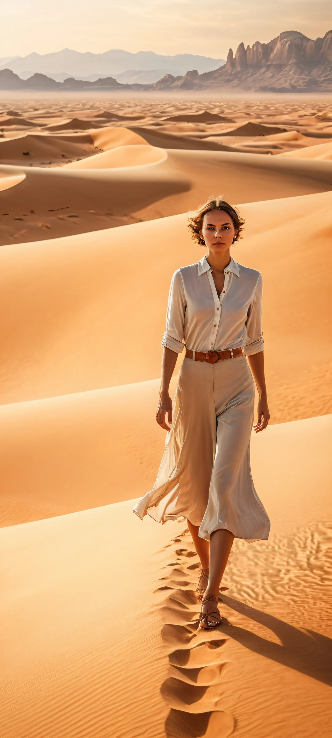 iPhone/Android wallpaper featuring a breathtaking portrait of a 1930s female explorer in the desert. Perfectly optimized for iPhone and Samsung Galaxy home screens.