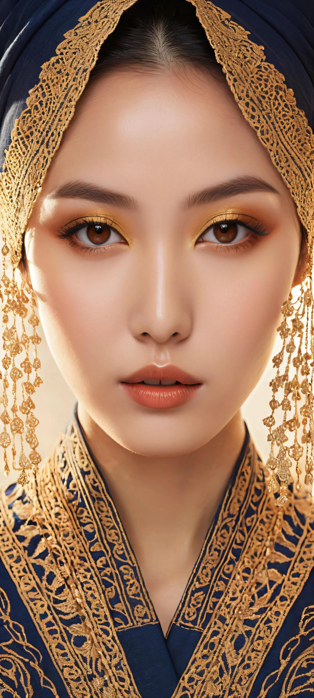 Ethereal Eyes 2K QHD Mobile WallpaperParfait pour les écrans d'accueil iPhone/Android Breathtaking vertical portrait artwork of Brown eyes placed in the lower-middle, intricately detailed Japanese-inspired patterns and textures. Perfect for iPhone/Android home screens.