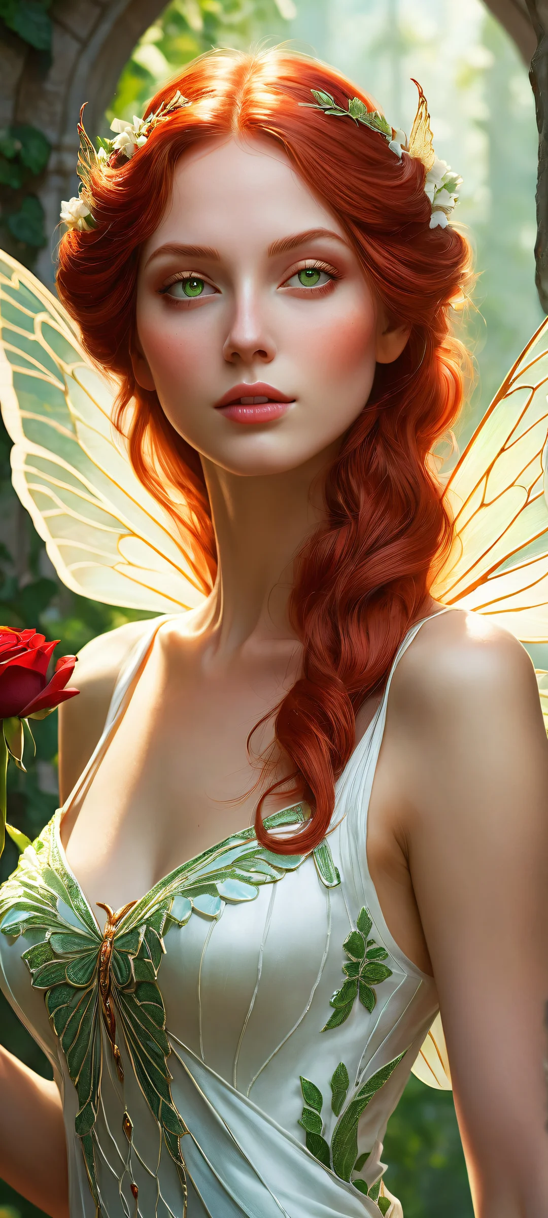 A beautiful female fairy with butterfly wings and red hair holding a rose, perfectly optimized for iPhone/Android home screens.
