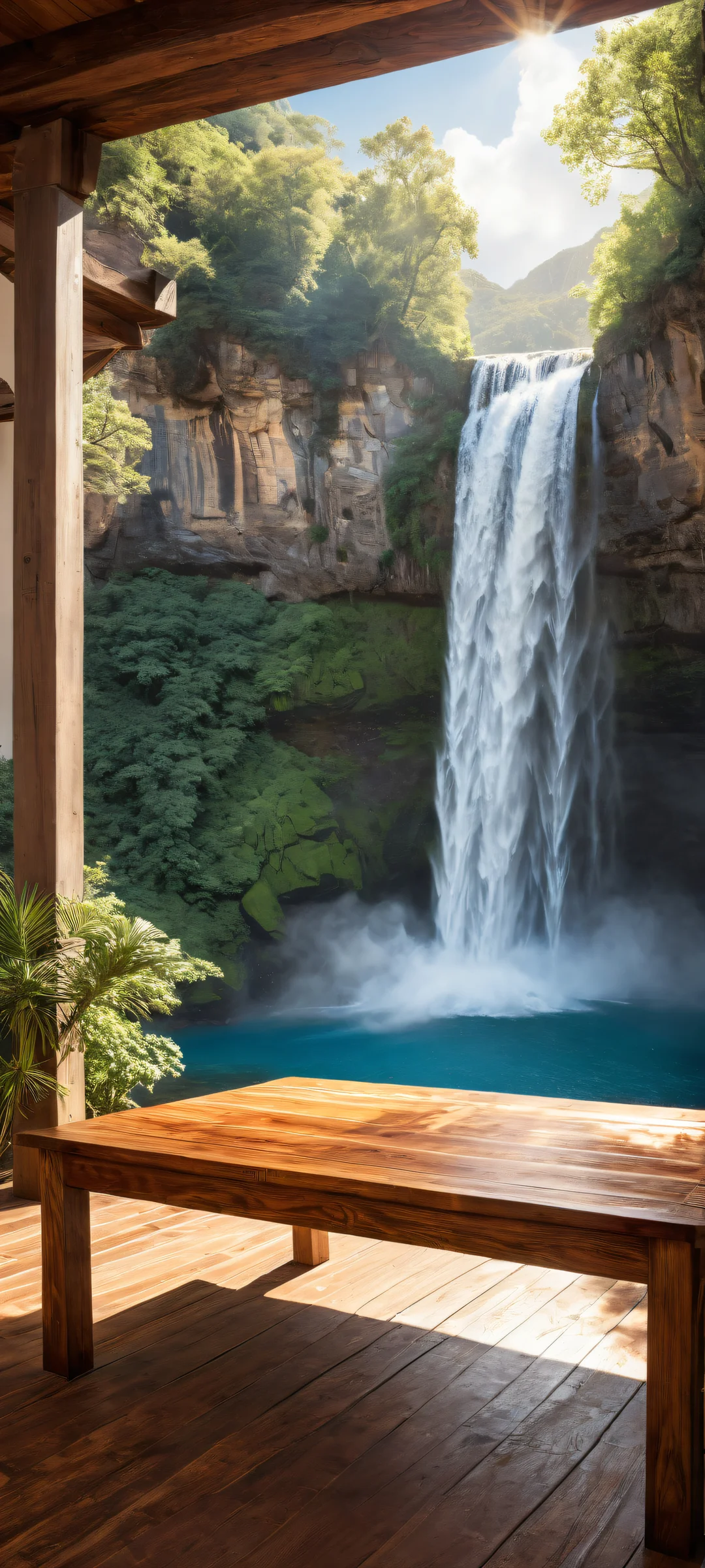 iPhone/Android wallpaper featuring an ancient wooden table with intricate micro-details and a breathtaking vertical portrait of a waterfall in the lower-middle, surrounded by pure void.