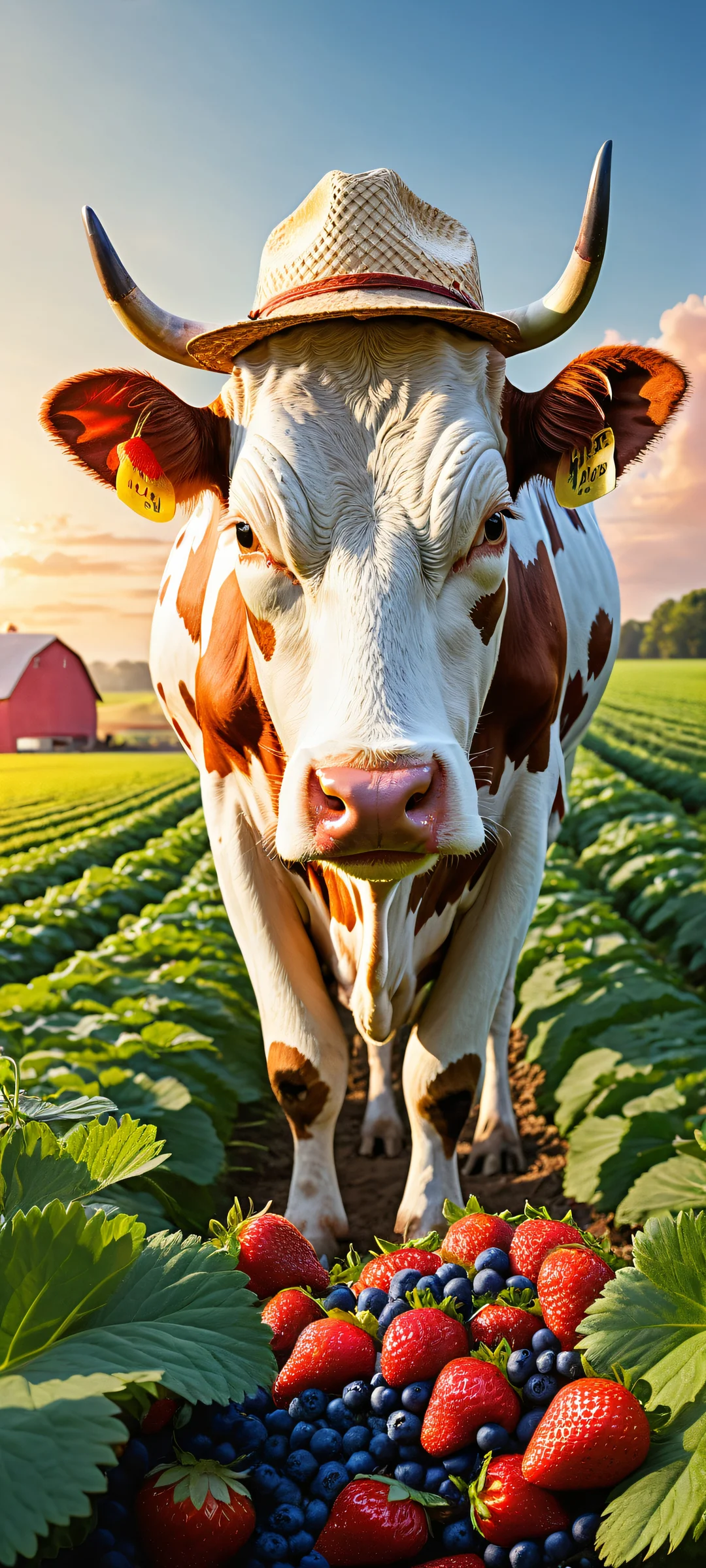 A serene farm scene featuring a cow-sized strawberry, orange, and blueberry being milked by a farmer on iPhone/Android