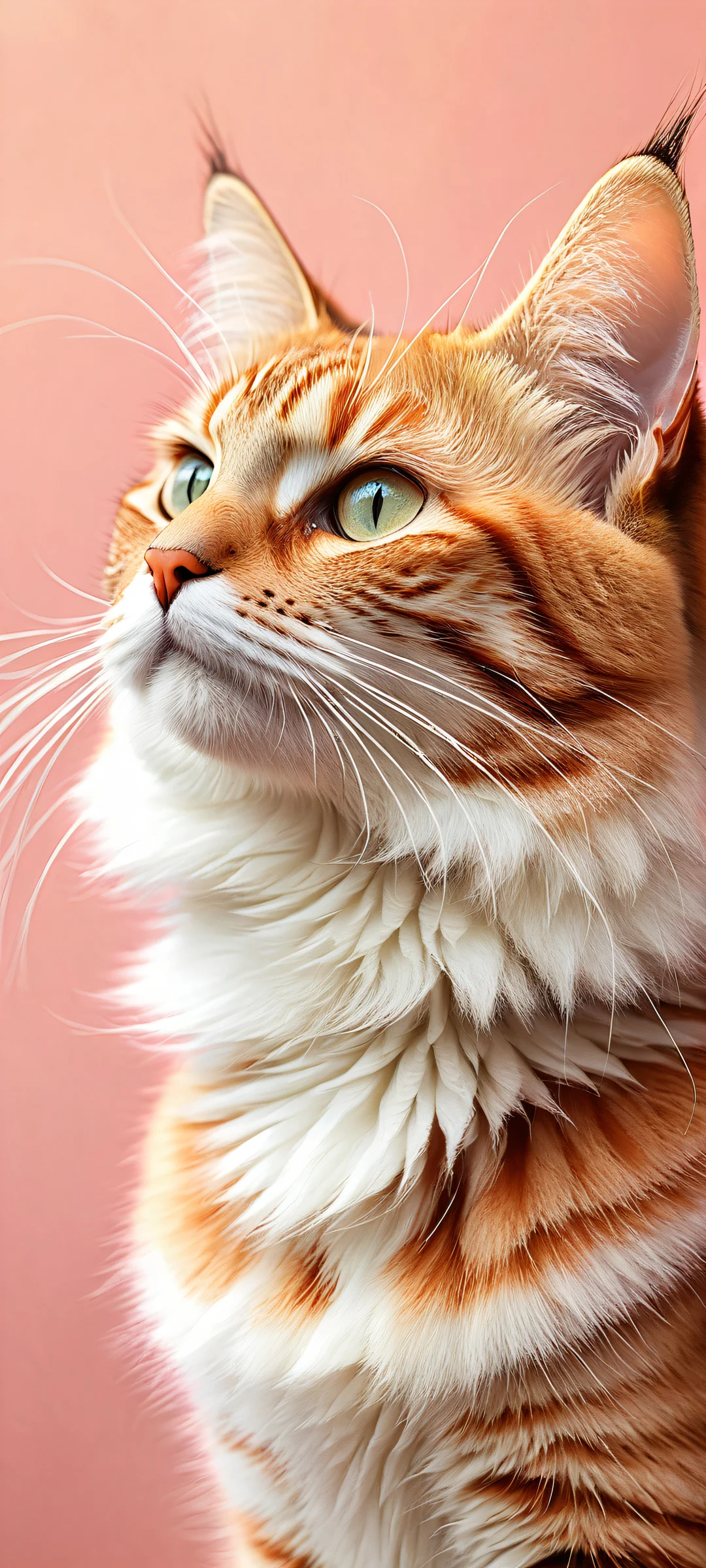 A serene iPhone/Android wallpaper featuring a stunning cat with intricate ear tufts and micro-details, set against a peaceful background with subtle texture and scale.