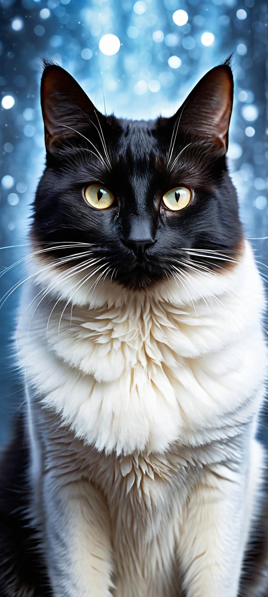 A black cat with luminous eyes stands out against a star-dotted backdrop, perfect for your iPhone/Android home screen.