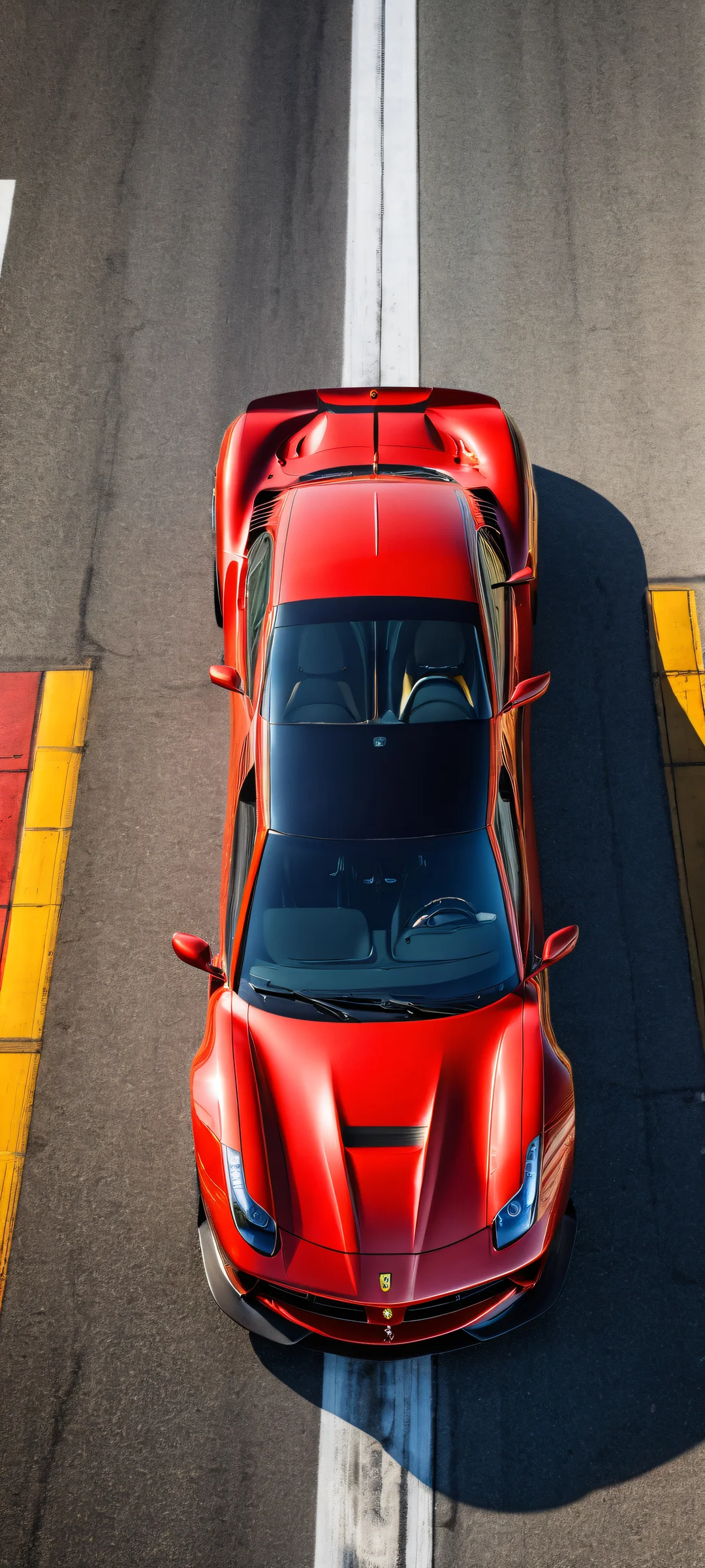 A breathtaking portrait of a Ferrari with intricate details and blurred racing track in the background, perfect for iPhone/Android home screens.