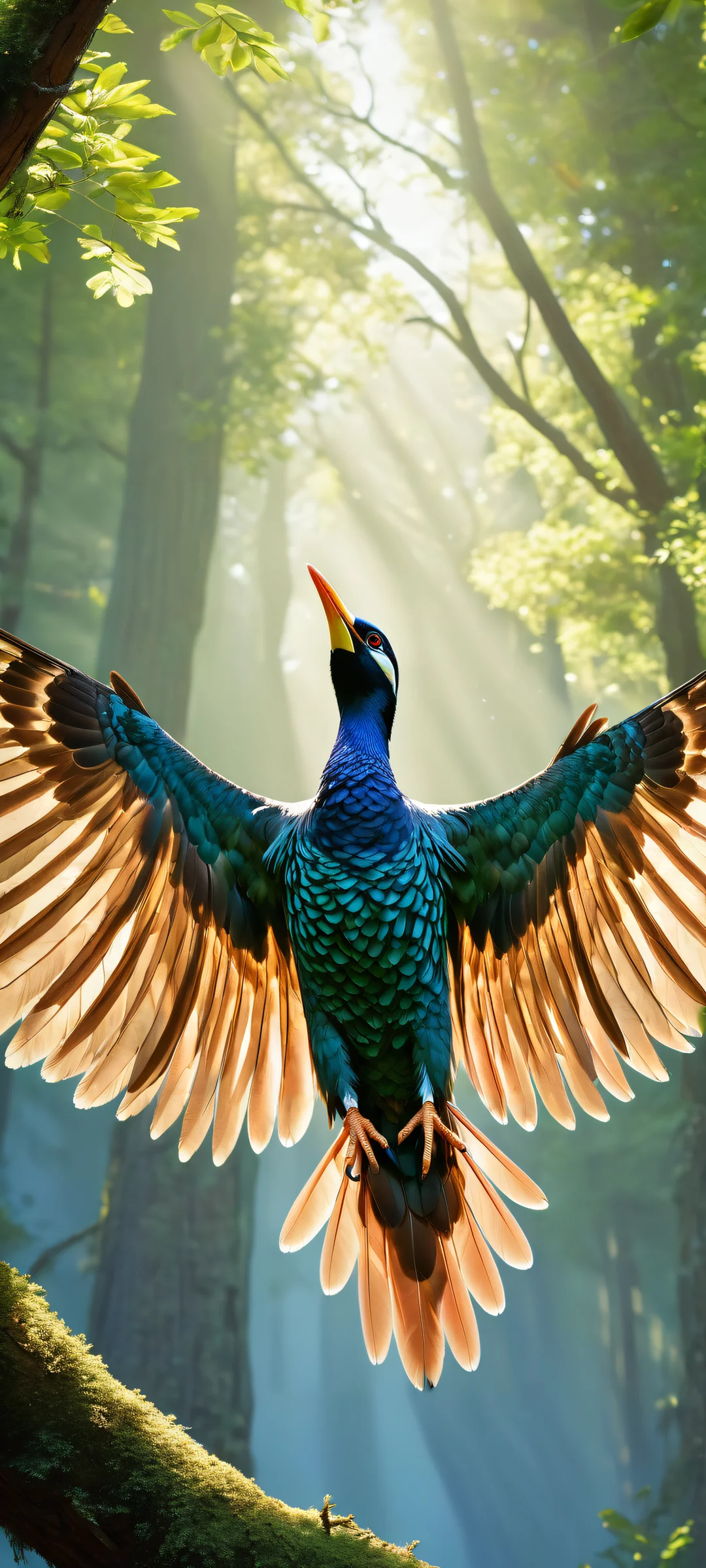 A majestic giant bird in flight on an iPhone or Android device, with a serene forest landscape and stunning ray-traced reflections.