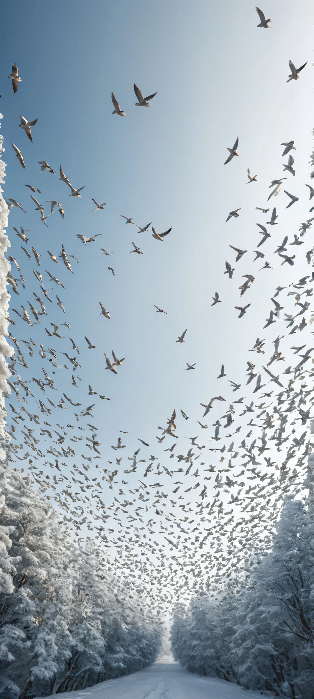 A stunning vertical portrait artwork of a flock of birds on iPhone/Android, with intricate micro-details and extreme depth of field.