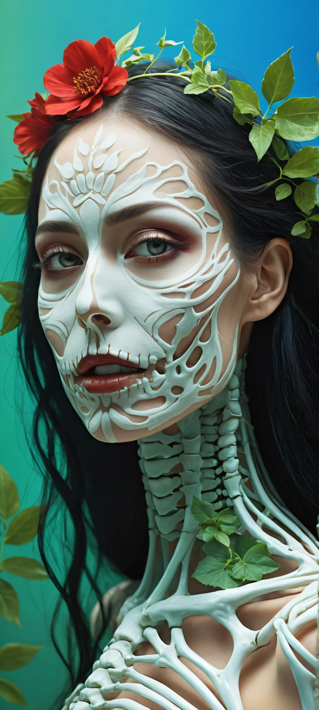A majestic floral skeleton with flowing black hair, perfectly framed by intricate plant illustrations on a pristine void background, optimized for iPhone/Android home screens.