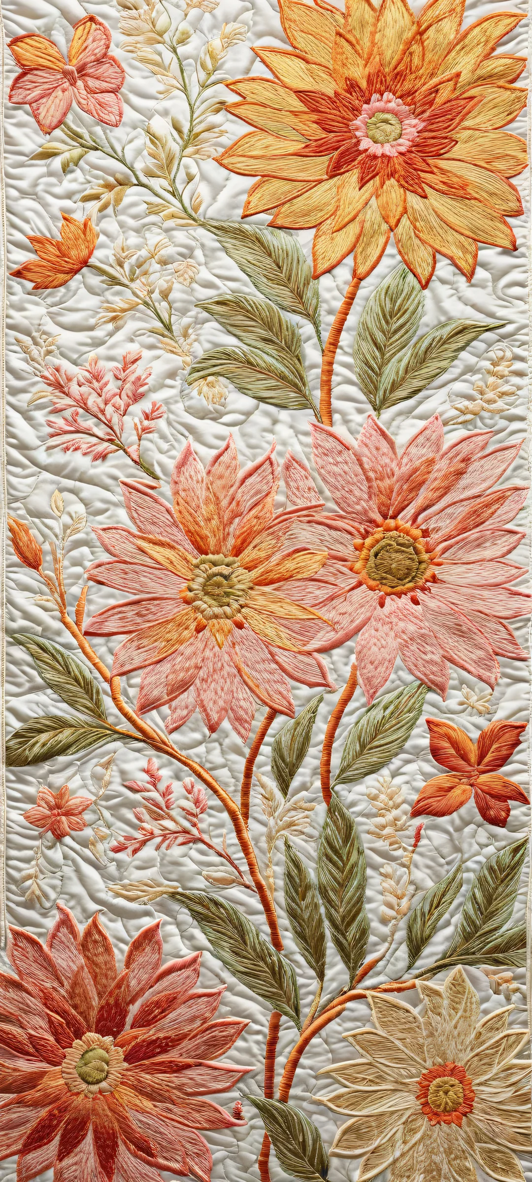 Delicate embroidered floral pattern on a clean white background with intricate quilt patterns and soft yarn threads. iPhone用に完全に最適化, サムスンギャラクシー, と Android のホーム画面.