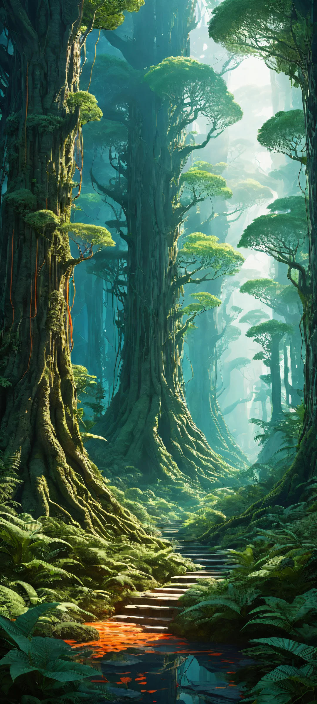 A surreal, futuristic forest with nerve-plants and brain trees, perfect for iPhone or Android home screens.