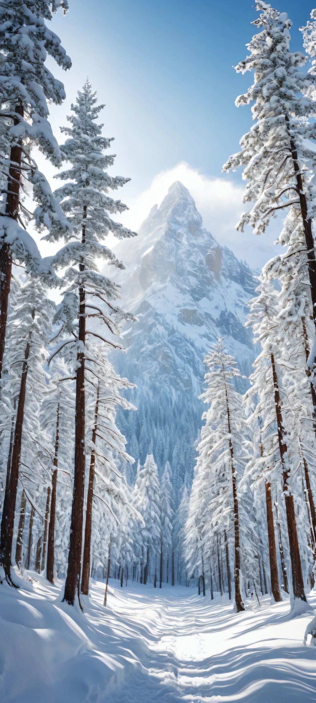 A serene iPhone/Android mobile wallpaper featuring a stunning snow-covered forest landscape with majestic mountains and towering trees, perfectly optimized for home screens.