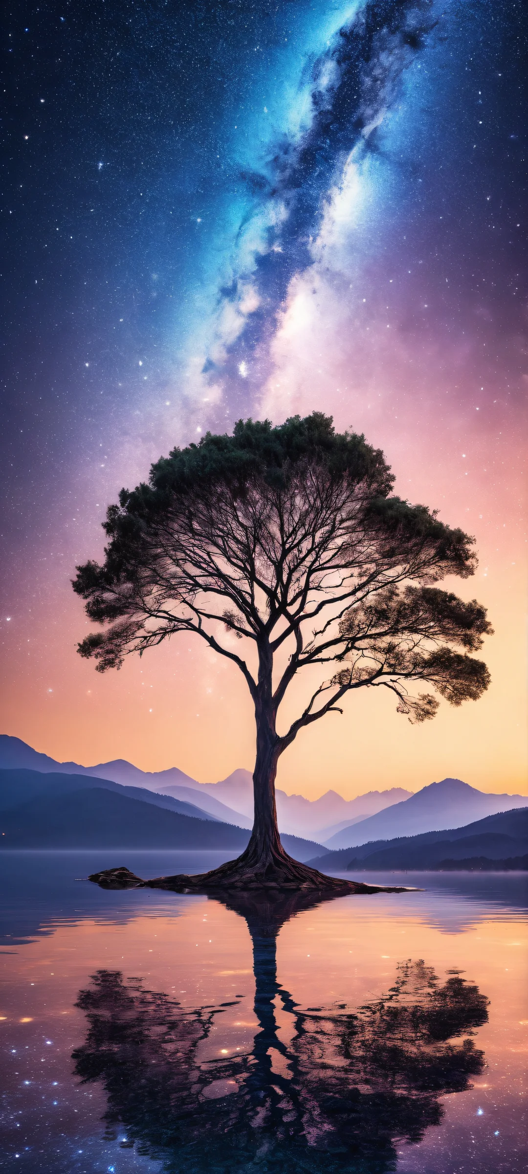 Ethereal Forest Aesthetic Phone Wallpaper A lone tree stands tall in the lower-middle of a serene night sky scene, perfectly optimized for iPhone and Android home screens.
