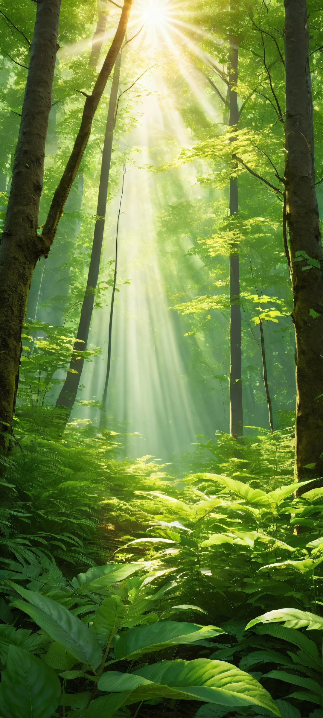 A majestic forest landscape on iPhone/Android with insane micro-details of intricately designed leaves and plants, featuring ethereal sunlight casting brilliant green light upon the leaves.