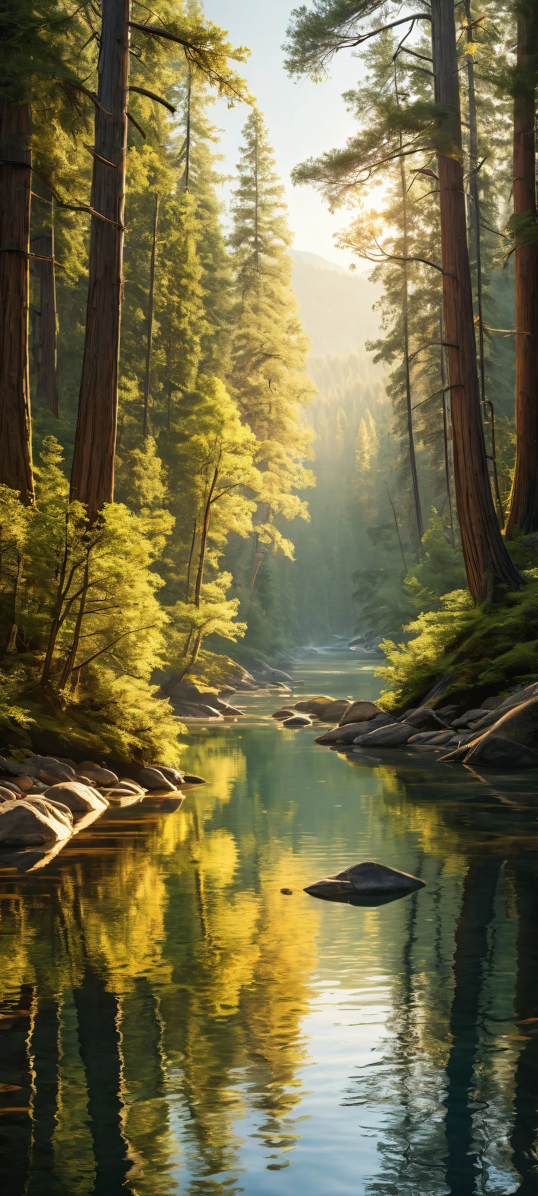 Breathtaking vertical portrait artwork of Trees and river currents on a serene forest landscape for iPhone/Android home screens.
