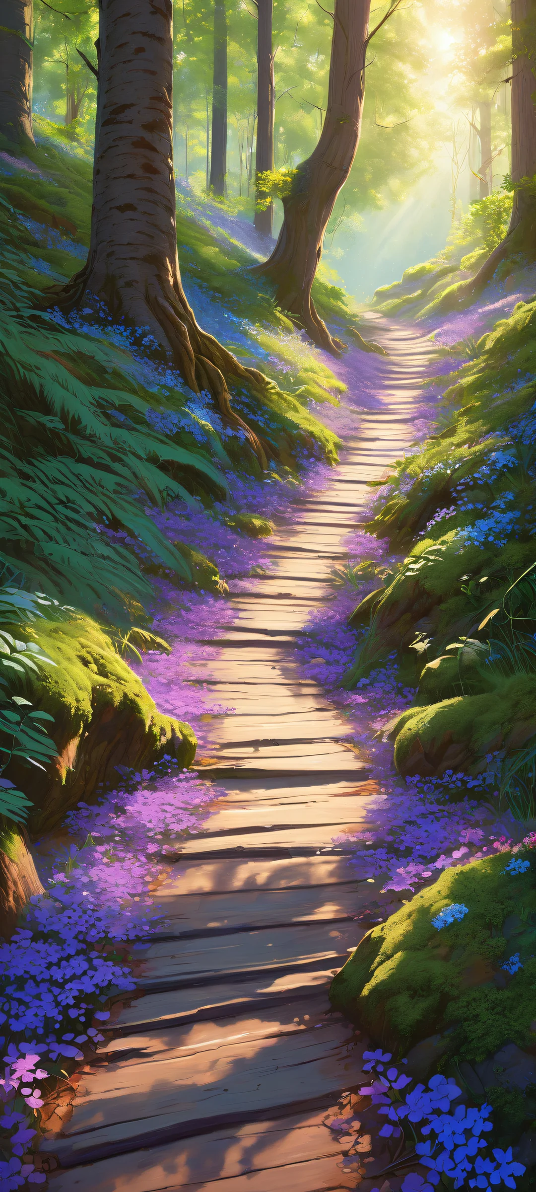 Breathtaking vertical portrait of a vibrant forest path with intricate micro-details on iPhone/Android devices.