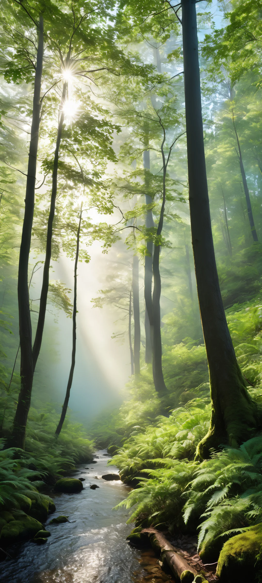 Immerse yourself in the serene landscape of a forest retreat on your iPhone or Android device, with towering mountains and misty fog, perfectly optimized for home screens.