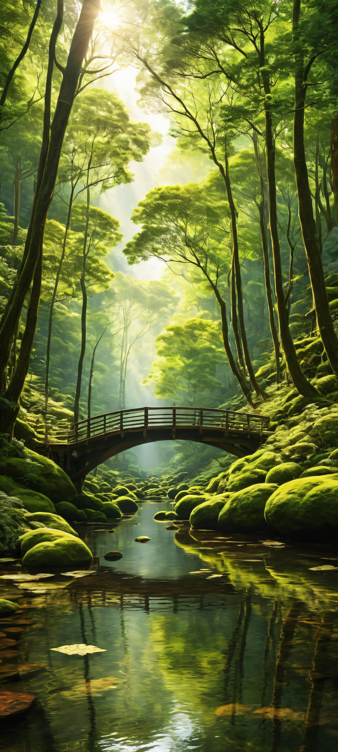 A serene and breathtaking digital artwork featuring moss-covered trees on an iPhone/Android home screen, with a vast pure void above and a serene forest landscape below.