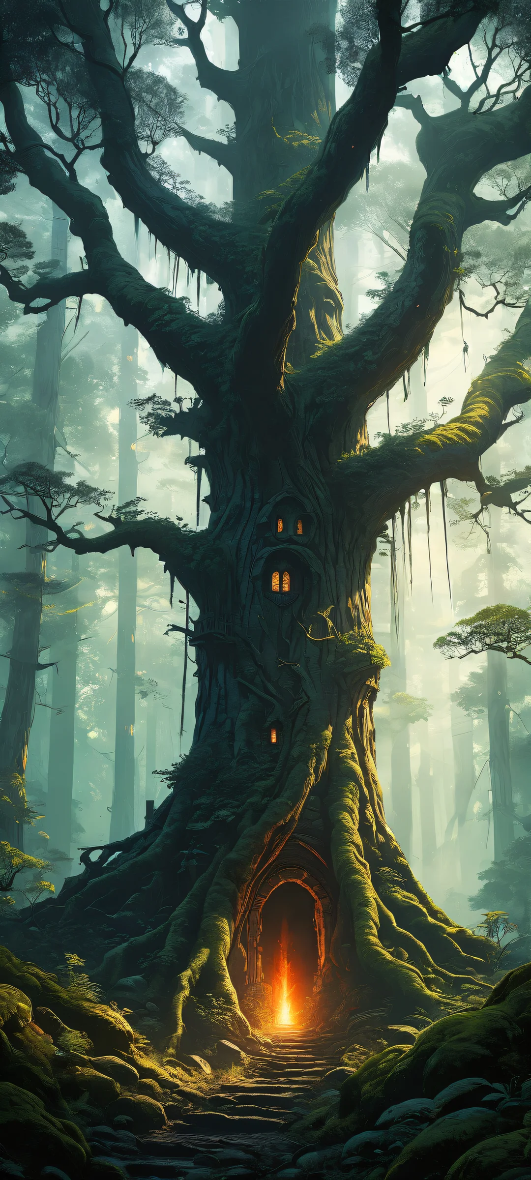 A dark and eerie forest scene on iPhone/Android with intricate details of twisted tree branches, glowing mushrooms, and ancient ruins inviting exploration.