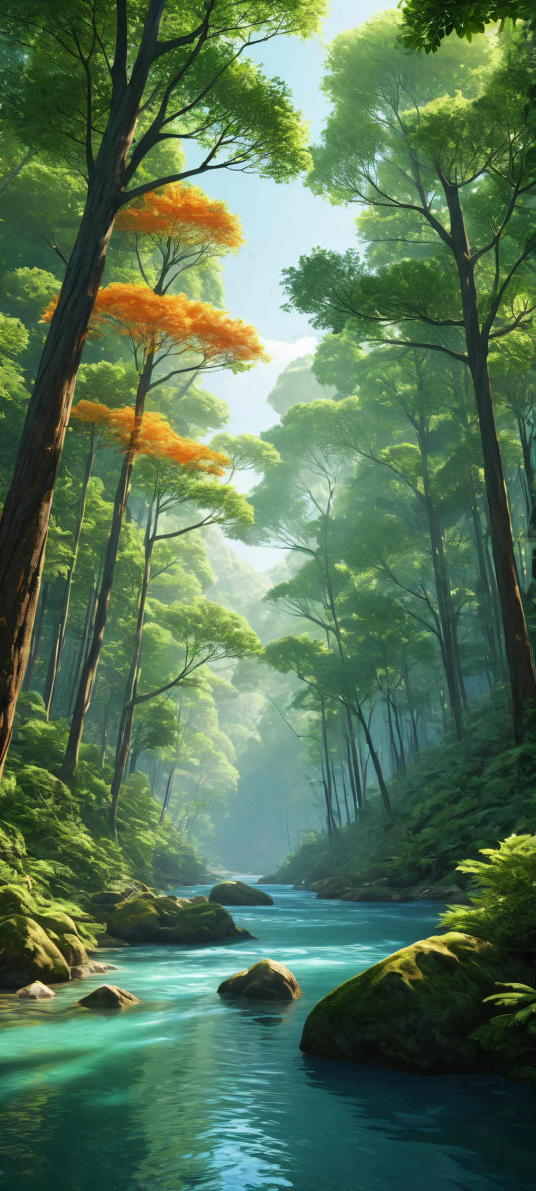 iPhone/Android background featuring a serene forest landscape with intricate tree details and ethereal lighting.