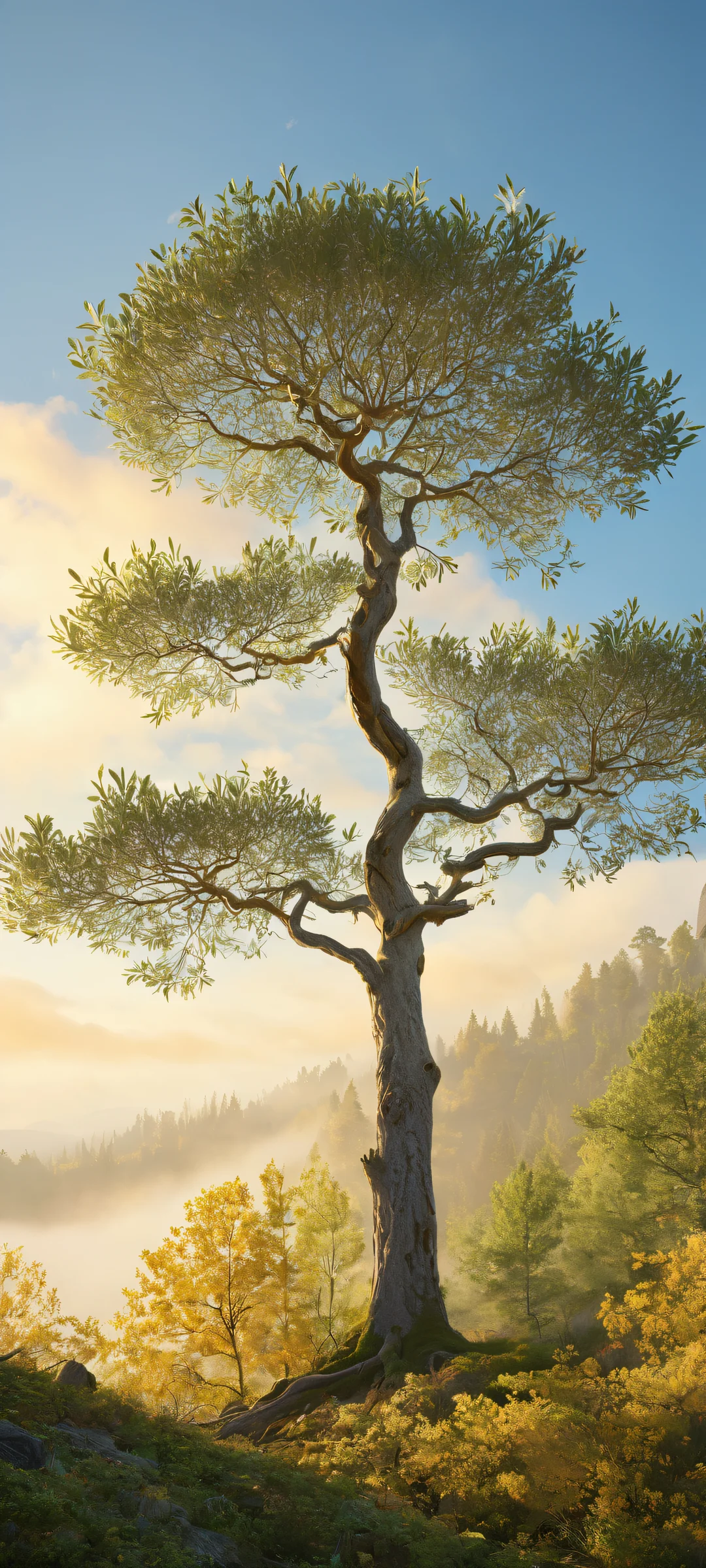 A beautiful iPhone/Android wallpaper featuring a stunning forest landscape with trees, foggy clouds, and radiant colors.