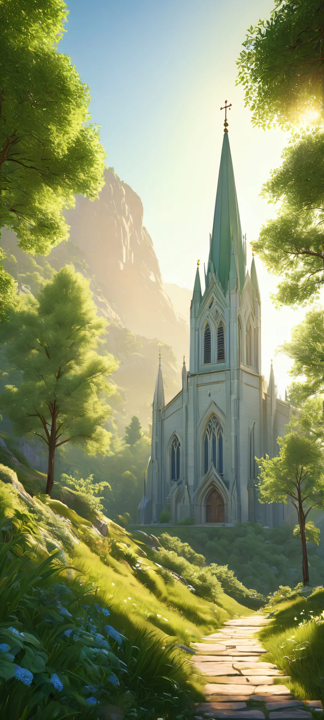 A serene forest landscape with intricate foliage and church spires on iPhone/Android devices.