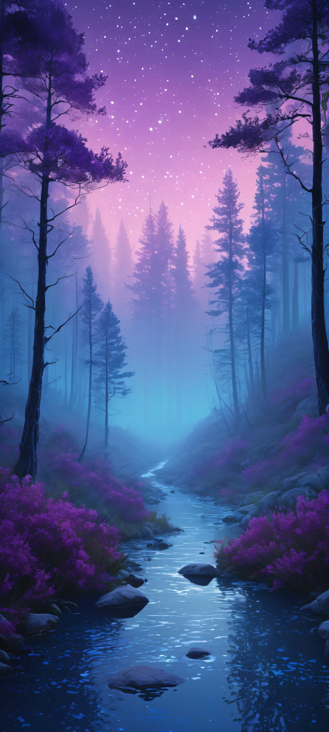 A hauntingly beautiful forest landscape on iPhone/Android, featuring twinkling stars and wispy fog.