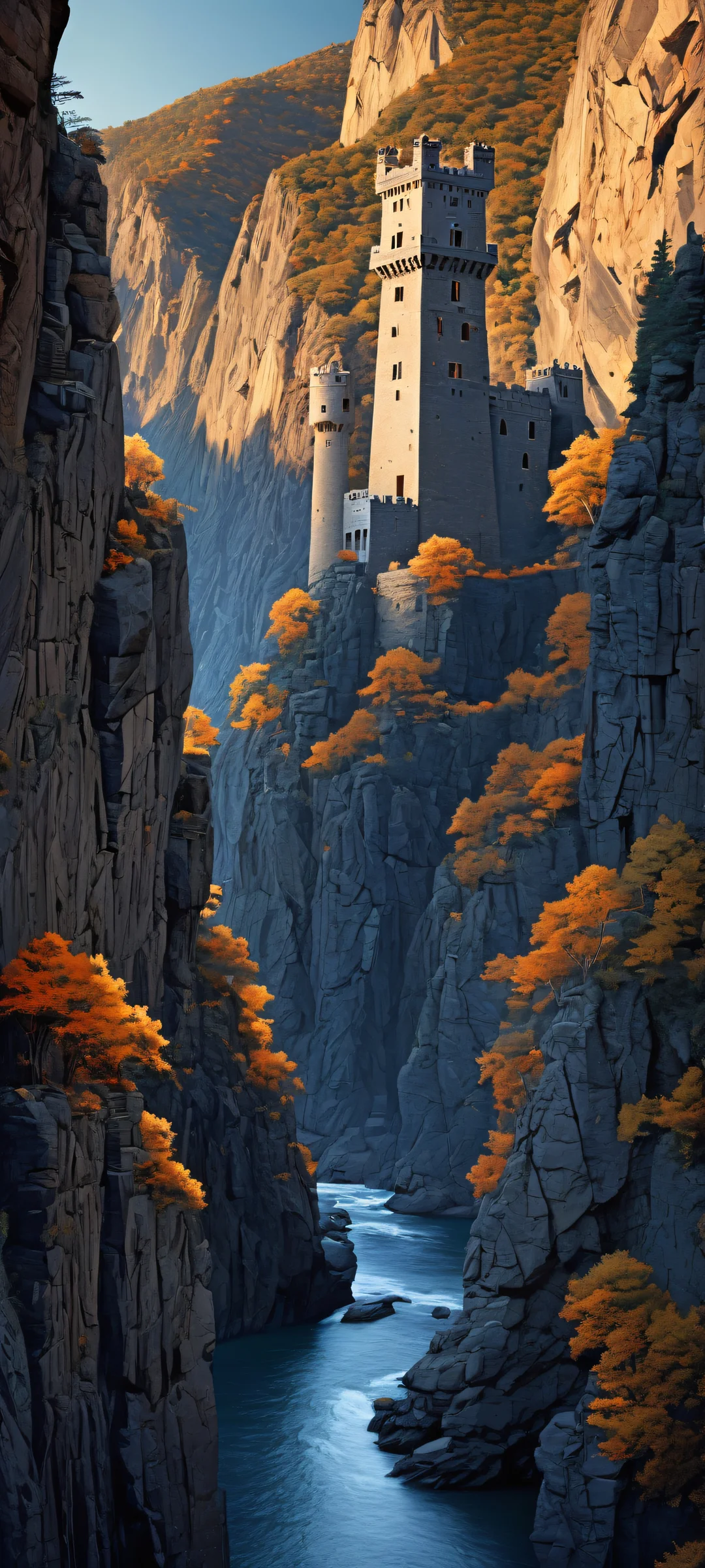 Ancient stone fortress on iPhone/Android phone wallpaper with luminescent accents and deep blacks.