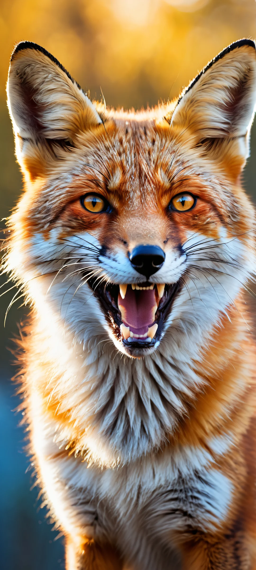 A stunning vertical portrait of a smiling fox with intricate micro-details on iPhone/Android screens.