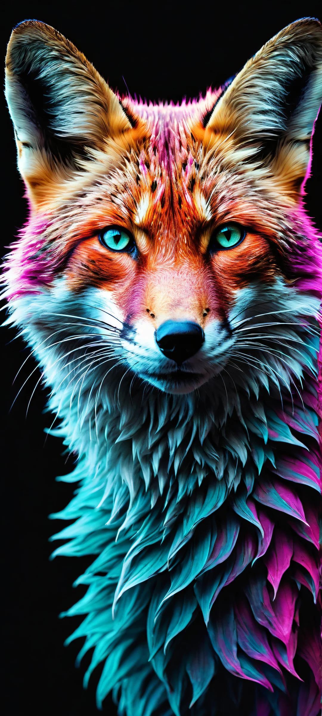 Abstract portrait of a fox with neon teal and magenta filaments, pulsing bioluminescent veins, and soft glow eyes. Perfectly optimized for iPhone/Android home screens.