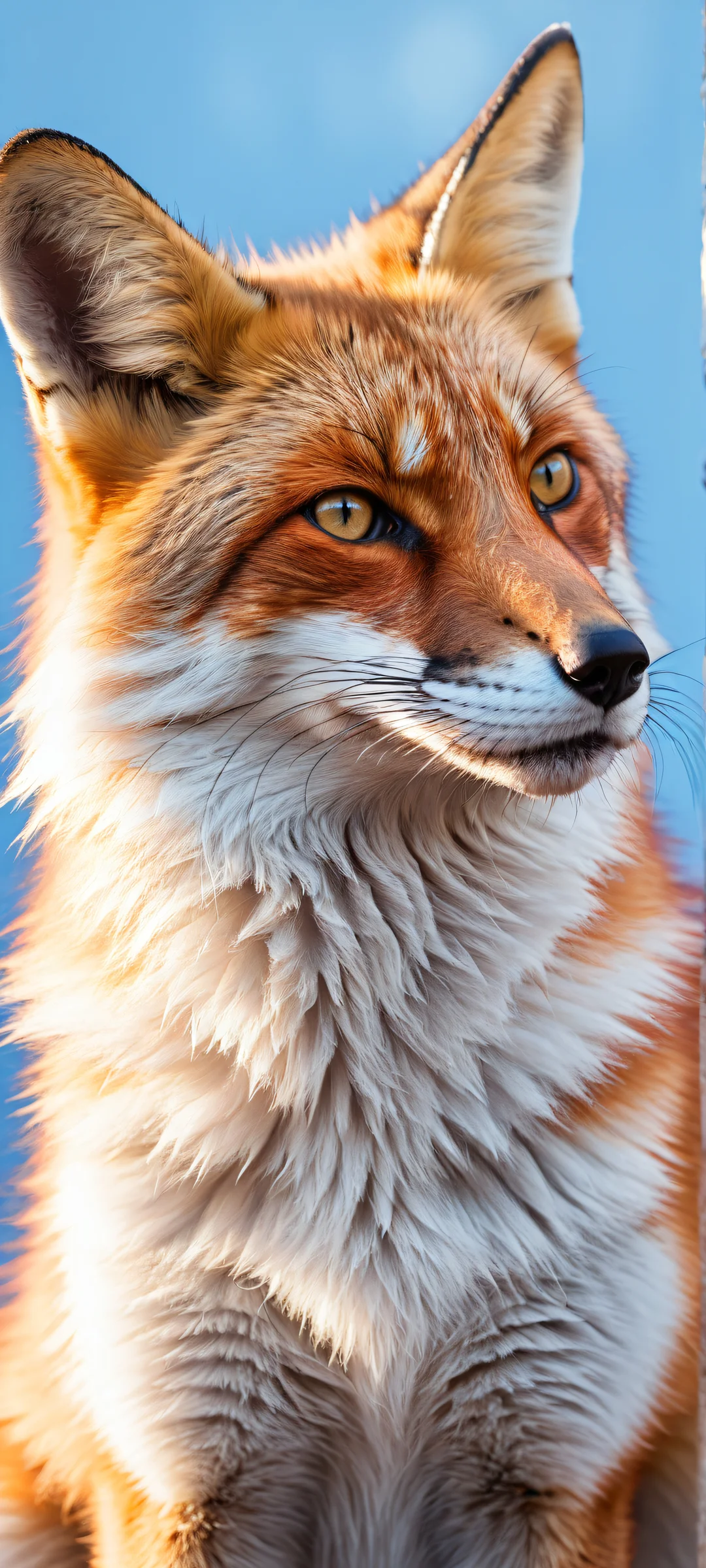 Anthro fox portrait with insane micro-details on a vast blue background - perfect for iPhone/Android home screens.