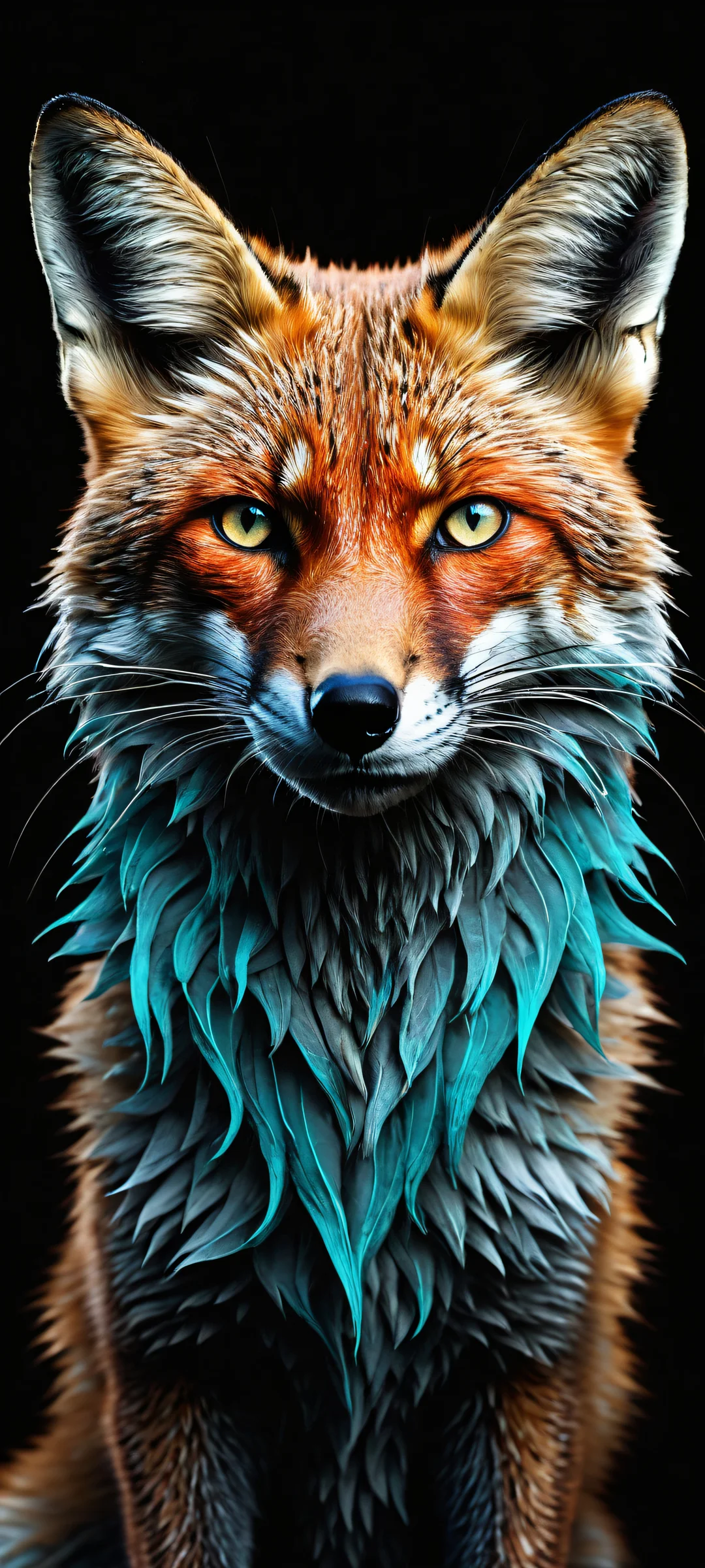 Stylized abstract portrait of a fox with bioluminescent veins pulsing across its fur, perfect for iPhone/Android home screens.