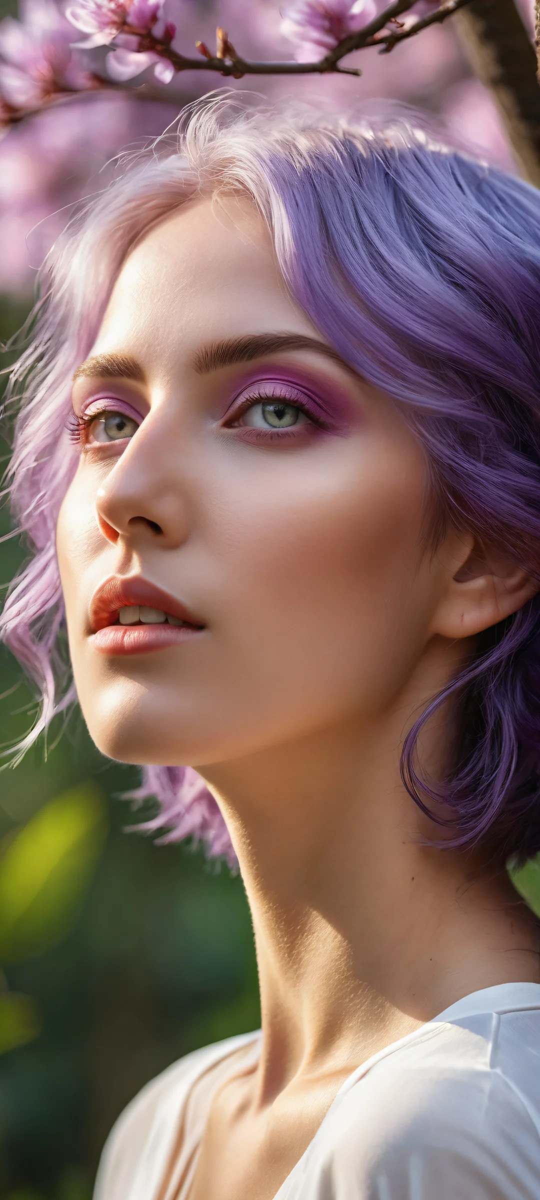 Frieren standing amidst nature's beauty on an iPhone or Android device, with purple hair and closed mouth, looking away from the viewer.