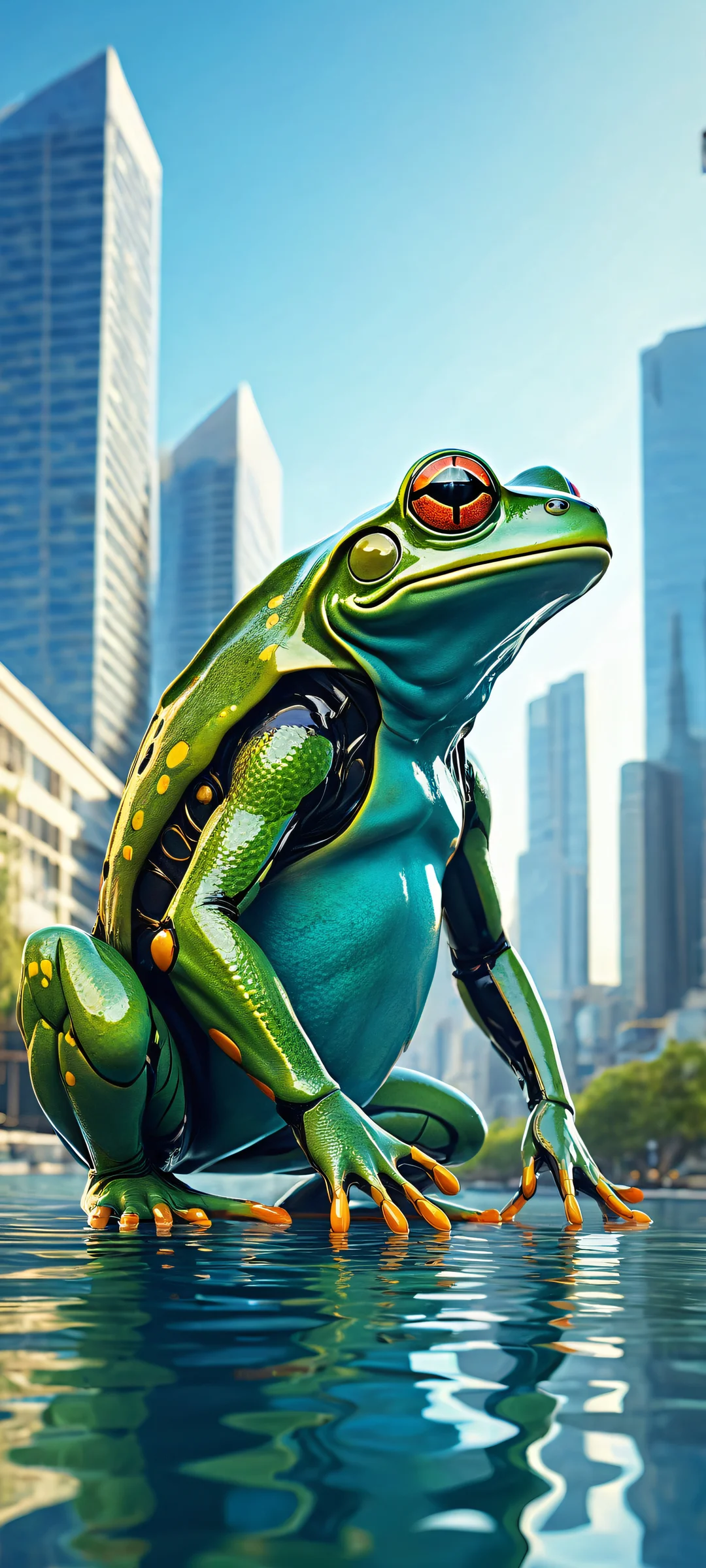 A mechanical frog sits serenely in a modern city setting, surrounded by a serene urban landscape and a vast pure void on the top half, perfectly optimized for iPhone/Android home screens.