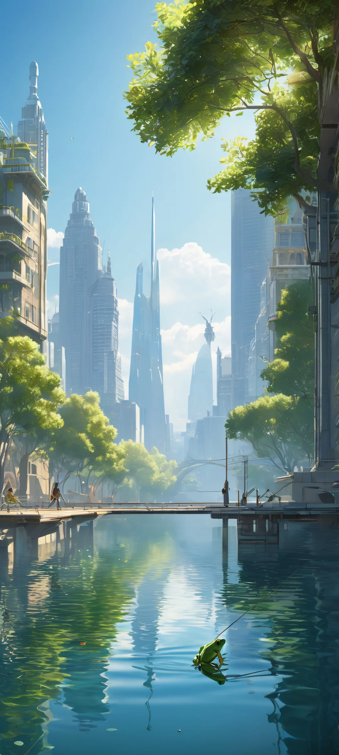 Award-winning digital artwork of a mechanical frog and children fishing against a serene urban skyline on a clean, empty background, perfectly optimized for iPhone and Android home screens.