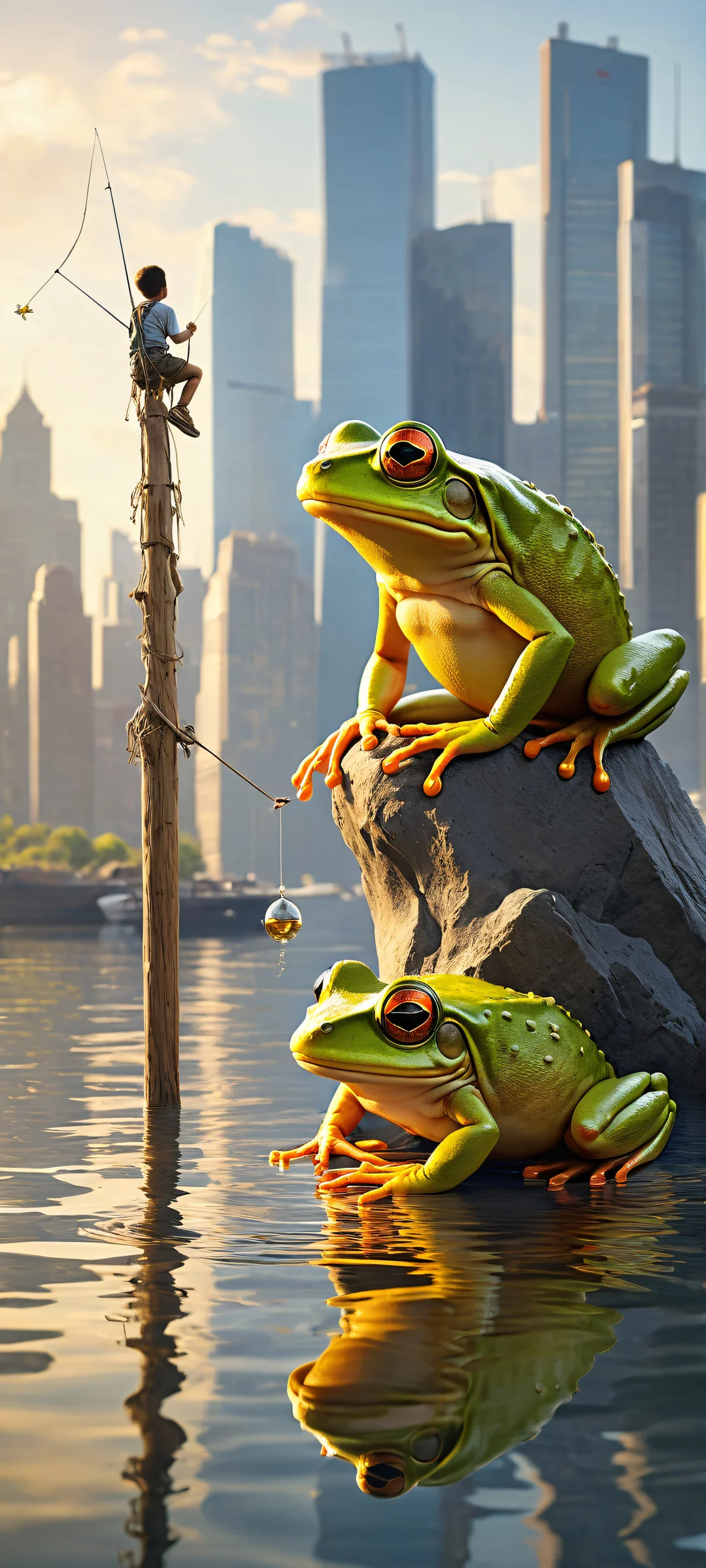 Mechanical frog on a serene urban setting with children fishing by the water's edge. Perfeito para telas iniciais de iPhone/Android.