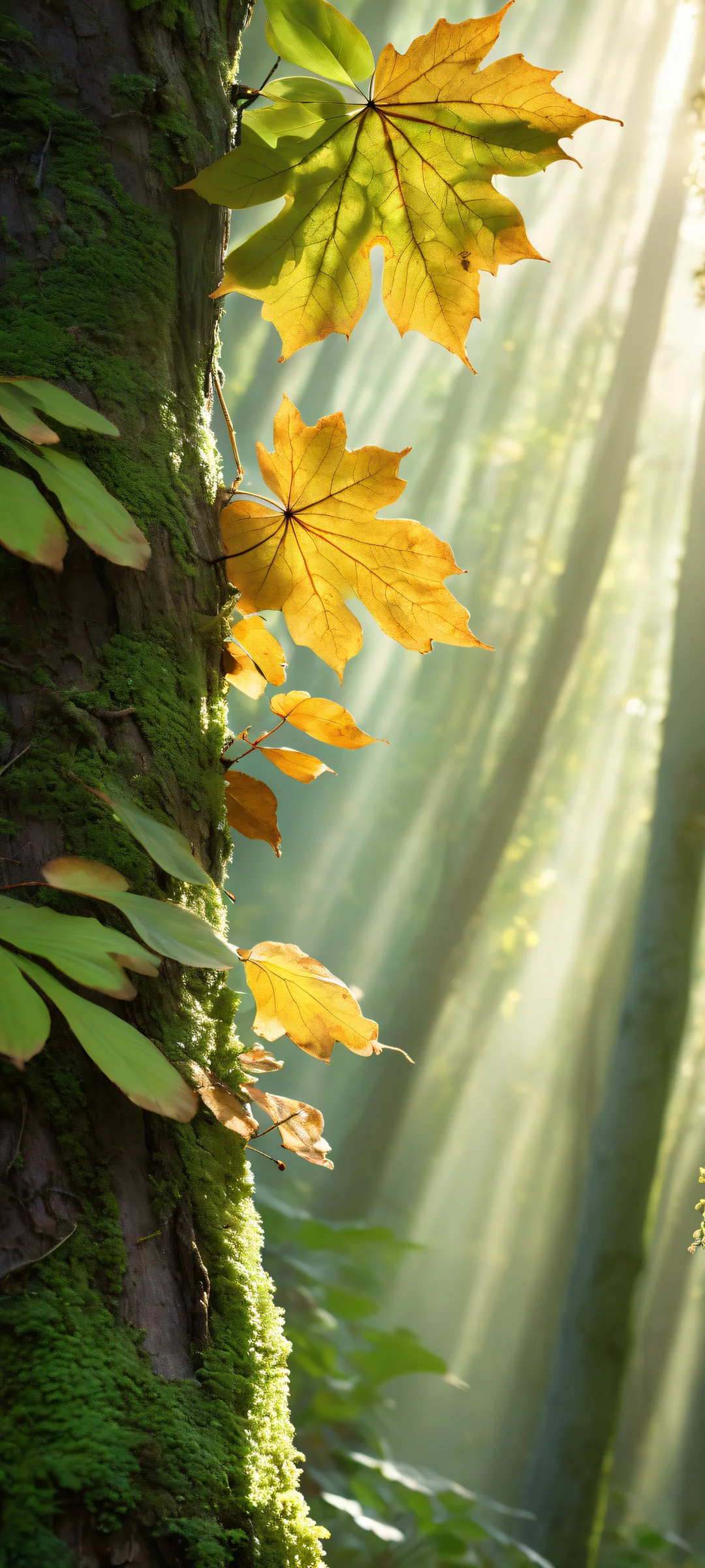 iPhone/Android users will love this breathtaking digital artwork of leaves and fungi against a stunning pure void background, with radiant sunlight casting warm rays that highlight the textures and shapes. Perfectly optimized for your mobile home screen.
