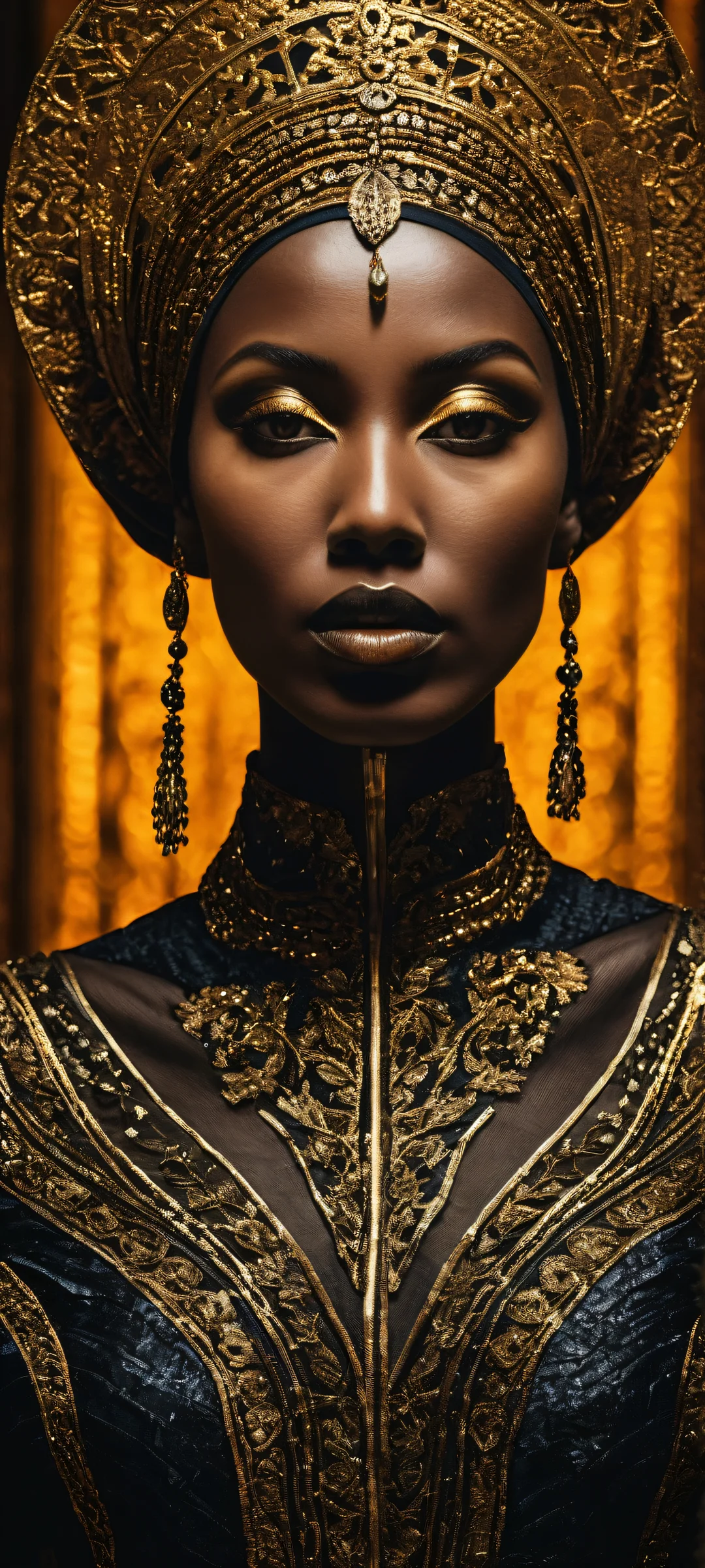 Dark, resplendent figure with intricate micro-details on a pristine black background, perfectly optimized for iPhone and Android home screens.