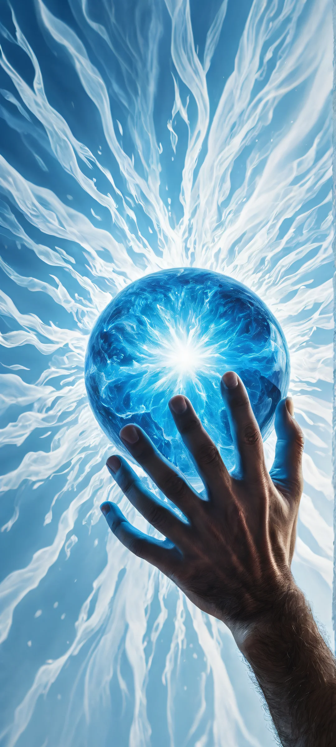 A dramatic scene with a man's hand placed in the lower-middle, featuring intricate micro-details of his screaming face. Perfect for iPhone and Android home screens, this award-winning digital art showcases ethereal lighting with a radiant blue glow surrounding the man's hand, gradually fading to a soft warmth as it meets the steaming chicken and fries at the bottom.