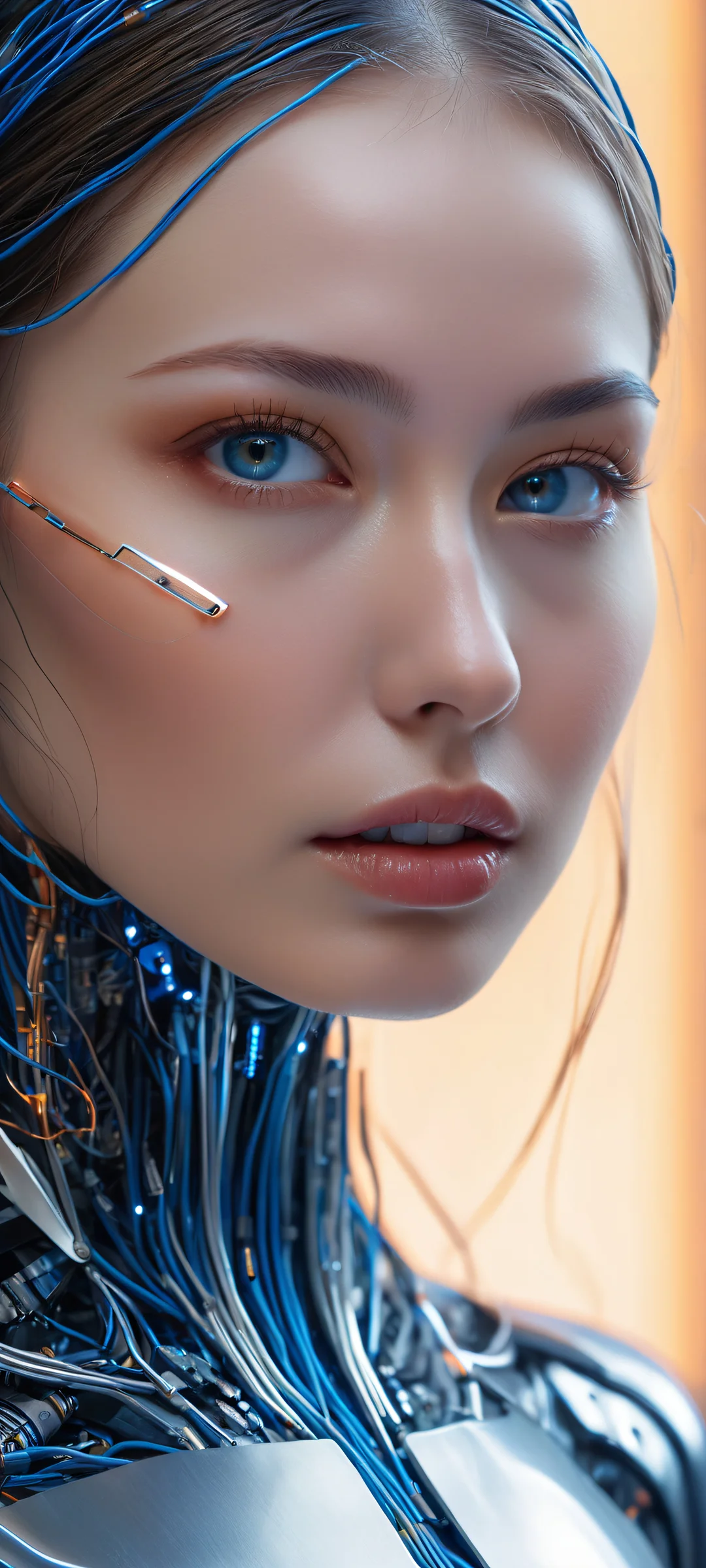 Ethereal Fusion Aesthetic Phone Wallpaper A futuristic AI-powered facial construct on a circuit board with glowing blue wires and metallic components, perfectly optimized for iPhone/Android home screens.