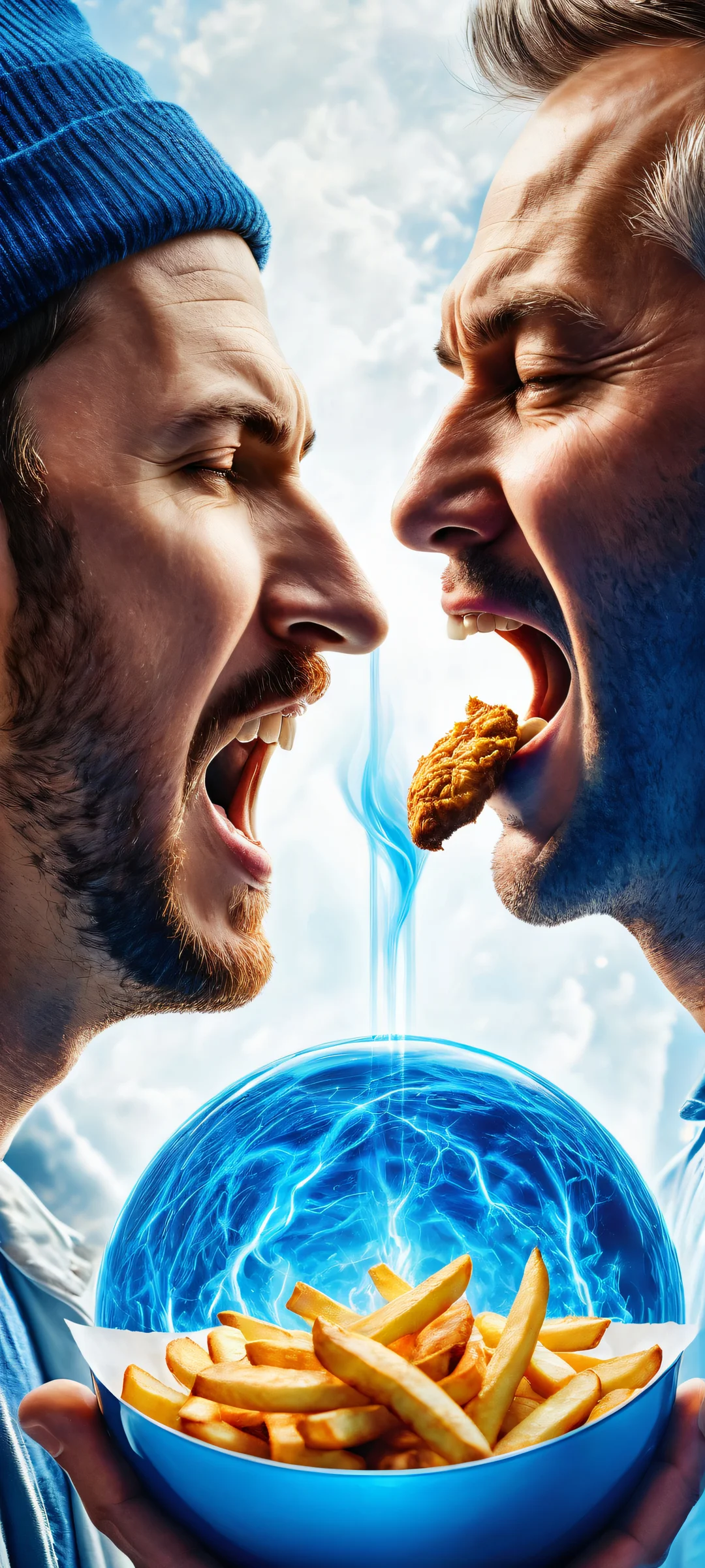 Two men in a surreal scene with blue energy and a steaming chicken and fries, perfeitamente otimizado para telas iniciais de iPhone/Android.