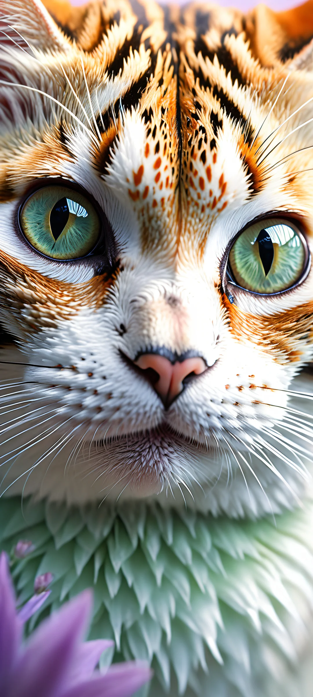 A hybrid creature featuring penguin, tabby cat, and pufferfish details on an iPhone/Android mobile wallpaper with a serene spring background.