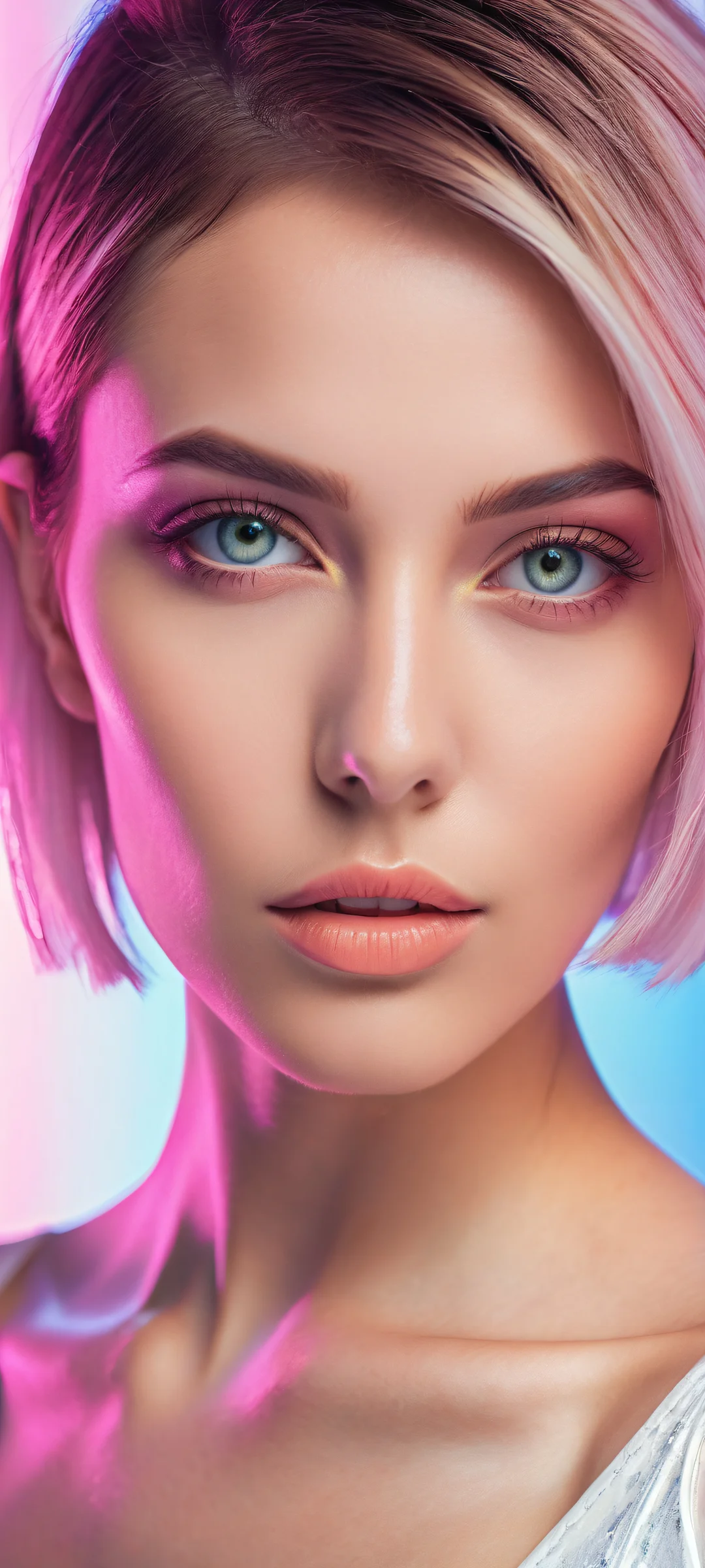 A stunning iPhone/Android wallpaper featuring a futuristic portrait of a woman with neon lights and intricate details, perfect for your mobile home screen.