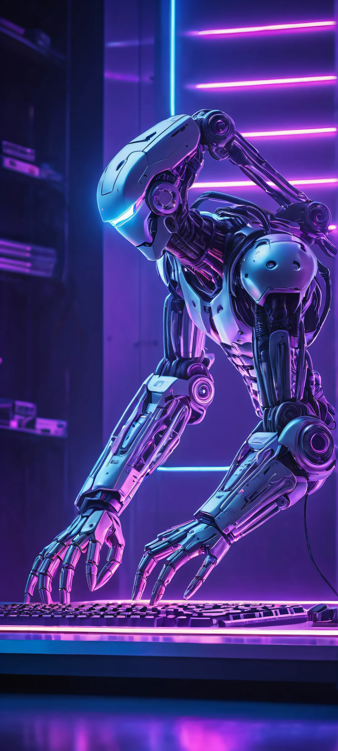 A futuristic robotic arm sits atop a stack of Nismo-branded PC cases and mechanical keyboards, perfectly aligned against a subtle neon glow background, ideal for iPhone/Android home screens.