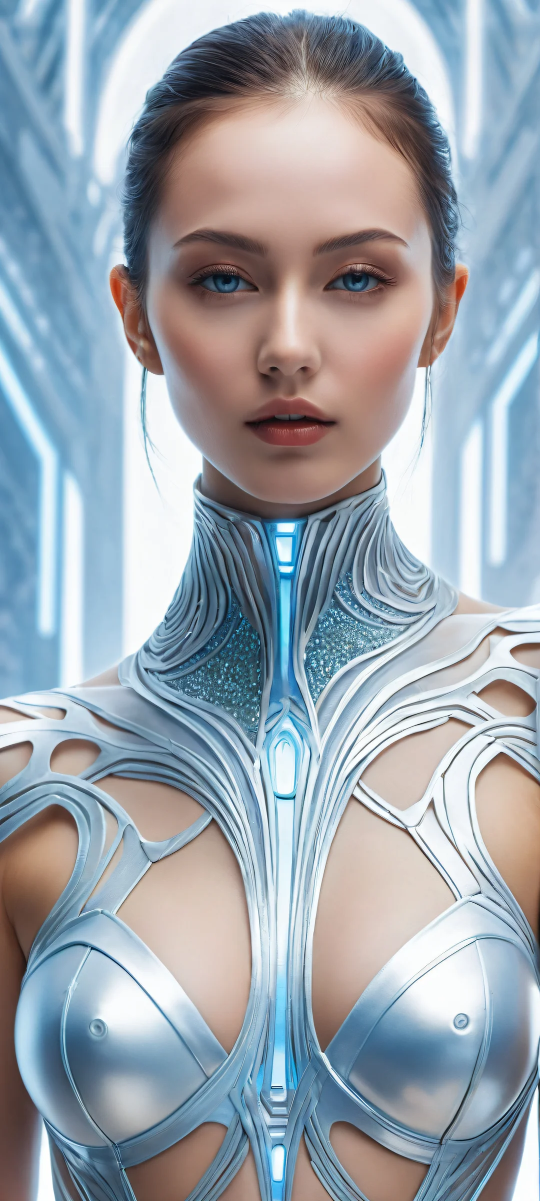 A futuristic female figure with stunning facial features and intricate micro-details on iPhone/Android home screens.