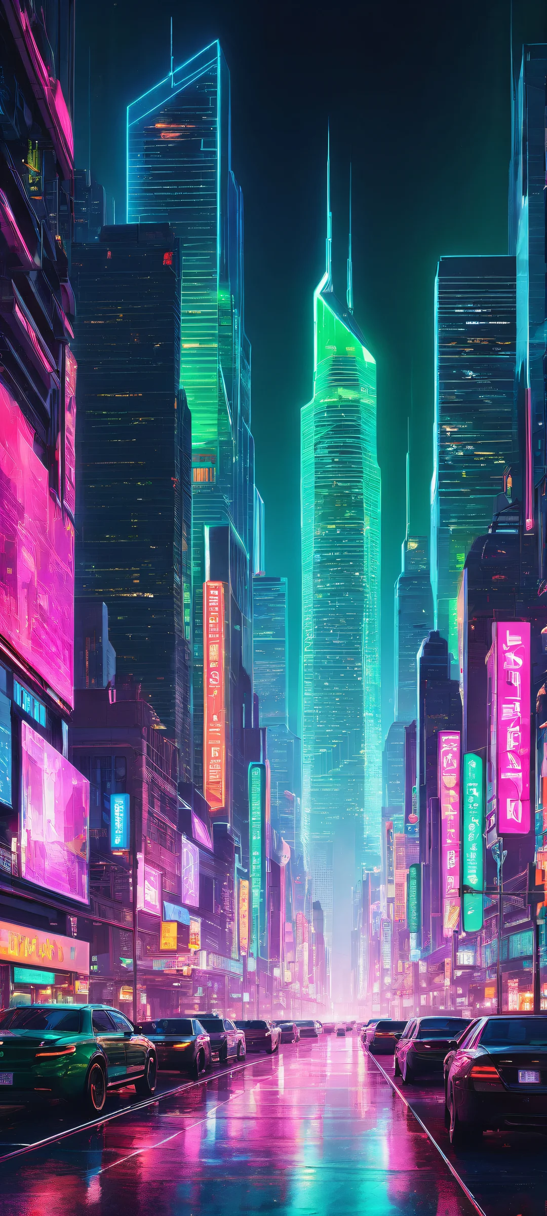 Ethereal Futurism 2K QHD Mobile Wallpaper A futuristic cityscape with neon-lit skyscrapers and holographic advertisements on a perfectly clean background for iPhone/Android.