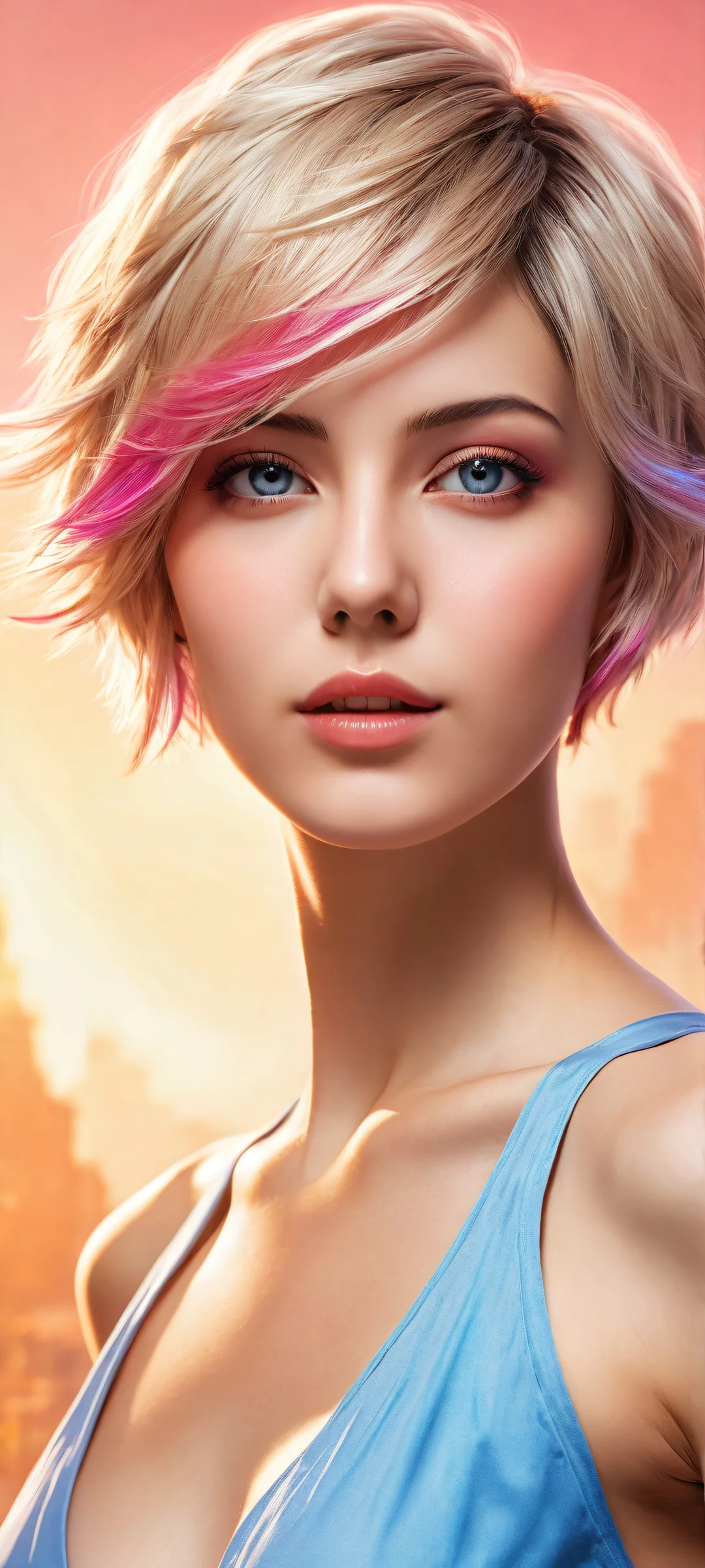 A beautiful video game girl with short hair placed on an iPhone/Android device against a pure void background, showcasing stunning digital art and radiant lighting.